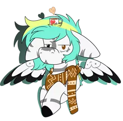 Size: 1831x1797 | Tagged: safe, artist:rokosmith26, derpibooru import, oc, oc:rokosmith, unofficial characters only, pegasus, pony, big ears, chocolate, clothes, colored wings, cup, female, floppy ears, food, heart, hot chocolate, looking at you, mare, markings, mug, multicolored wings, scarf, short hair, short mane, simple background, solo, spread wings, transparent background, tribal marking, wings