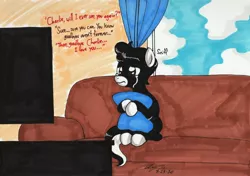 Size: 2926x2059 | Tagged: safe, artist:newyorkx3, derpibooru import, oc, oc:tommy junior, unofficial characters only, earth pony, all dogs go to heaven, cloud, couch, crying, dialogue, pillow, solo, television, traditional art, watching tv, window