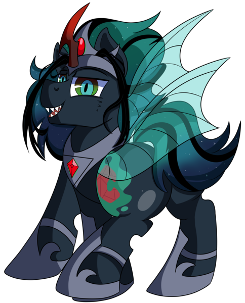 Size: 5400x6700 | Tagged: safe, artist:rainbowtashie, author:bigonionbean, derpibooru import, king sombra, nightmare moon, princess luna, oc, oc:empress sacer malum, changeling, changeling queen, pony, unicorn, armor, bugbutt, butt, commissioner:bigonionbean, cutie mark, extra thicc, female, flank, fusion, fusion:empress sacer malum, male, moonbutt, not an alicorn, plot, queen umbra, rule 63, simple background, stallion, transparent background