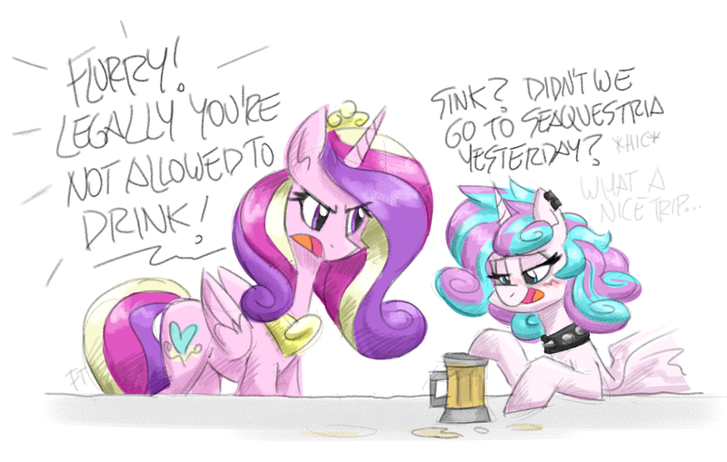 Size: 3000x1908 | Tagged: alcohol, alicorn, artist:flutterthrash, blushing, choker, cider, derpibooru import, dialogue, drunk, female, mother and child, mother and daughter, older, older flurry heart, piercing, princess cadance, princess emo heart, princess flurry heart, punk, safe, spiked choker, teenage flurry heart, teenager, this will end in death, this will end in tears, this will end in tears and/or death, underaged drinking