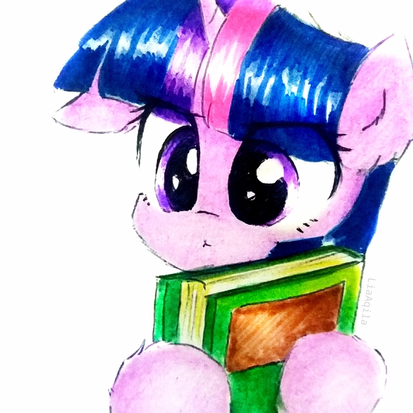 Size: 2322x2322 | Tagged: safe, artist:liaaqila, derpibooru import, twilight sparkle, pony, adorkable, book, bookhorse, cute, daaaaaaaaaaaw, dork, egghead, female, high res, possessive, solo, that pony sure does love books, traditional art, twiabetes