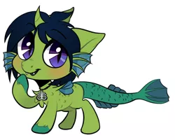Size: 2500x2000 | Tagged: safe, artist:xvostik, derpibooru import, oc, oc:demon hellspawn, unofficial characters only, half-siren, hybrid, pony, baby, chest fluff, colored hooves, colt, commission, curved horn, fangs, fins, fish tail, horn, jewelry, leviathan cross, magical gay spawn, male, necklace, offspring, open mouth, raised hoof, scales, simple background, slit eyes, solo, white background, ych result
