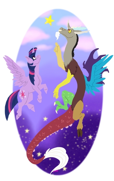 Size: 1200x1900 | Tagged: safe, artist:d3pressedr4inbow, derpibooru import, discord, twilight sparkle, twilight sparkle (alicorn), alicorn, draconequus, pony, discolight, female, male, mare, shipping, stars, straight