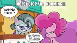 Size: 1920x1080 | Tagged: suggestive, derpibooru import, edit, edited screencap, editor:wild stallions, screencap, pinkie pie, earth pony, pony, my little pony: pony life, pie vs. pie, spoiler:pony life s01e23, spoiler:pony life s01e39, angry, brother and sister, caption, female, image macro, incest, male, mare, octavinkie, octavio pie, pickup lines, piecest, pinkie's brother, siblings, text, this will end in incest, vulgar