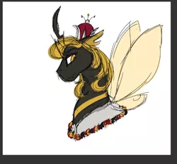 Size: 526x486 | Tagged: artist:shirofluff, bee, beeling, bust, changeling, changeling queen, crown, curved horn, derpibooru import, female, g1, horn, insect, jewelry, queen bumble, redesign, regalia, safe, simple background, solo, white background, yellow changeling