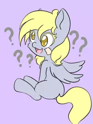 Size: 1536x2048 | Tagged: safe, artist:steelsoul, derpibooru import, derpy hooves, pegasus, pony, cheek fluff, chest fluff, confused, cute, derpabetes, female, filly, filly derpy, leg fluff, looking back, open mouth, purple background, question mark, simple background, sitting, solo, younger