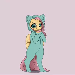 Size: 4000x4000 | Tagged: safe, artist:miokomata, derpibooru import, fluttershy, pegasus, pony, semi-anthro, absurd resolution, bipedal, cat's pajamas, clothes, colored hooves, costume, cute, cute little fangs, fangs, female, footed sleeper, footie pajamas, freckles, freckleshy, kigurumi, looking at you, mare, onesie, pajamas, purple background, shyabetes, simple background, solo