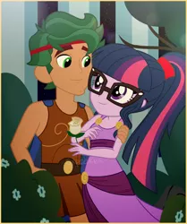 Size: 2000x2391 | Tagged: safe, artist:cxpcakes, derpibooru import, sci-twi, timber spruce, twilight sparkle, equestria girls, adorable face, adorkable, beautiful, bush, couple, cute, disney, dork, female, flower, hercules, looking at each other, male, megara, rose, ship, shipping, smiling, straight, timberbetes, timbertwi, twiabetes, watermark