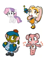 Size: 803x1044 | Tagged: safe, artist:cutemax, derpibooru import, sweetie belle, bear, mouse, rabbit, unicorn, animal, baby hugs bear, care bears, cheese the chao, clothes, cream the rabbit, cute, diasweetes, olivia flaversham, scarf, sonic the hedgehog (series), tam o' shanter, the great mouse detective, weapons-grade cute