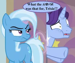 Size: 864x720 | Tagged: safe, derpibooru import, edit, edited screencap, screencap, november rain, trixie, pony, student counsel, censored vulgarity, cropped, door, female, friendship student, grawlixes, magic, magic aura, mare, school of friendship, slamming door, speech, speech bubble, talking