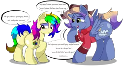 Size: 7400x4000 | Tagged: safe, artist:rainbowtashie, author:bigonionbean, derpibooru import, bow hothoof, gentle breeze, igneous rock pie, night light, oc, oc:aerial agriculture, oc:rainbow tashie, alicorn, earth pony, pony, butt, clothes, commissioner:bigonionbean, cutie mark, dialogue, embarrassed, extra thicc, female, flank, fusion, fusion:aerial agriculture, grandparents, hat, male, mare, nintendo 64, plot, simple background, stallion, stifling laughter, thicc ass, transparent background