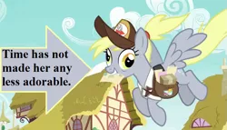 Size: 777x444 | Tagged: safe, derpibooru import, edit, edited screencap, screencap, derpy hooves, pony, the last problem, arrow, captain obvious, cropped, cute, derpabetes, female, hat, letter, mailbag, mailmare hat, mailpony uniform, mare, older derpy hooves, package, ponyville, text, truth