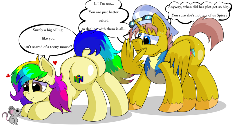 Size: 8000x4364 | Tagged: safe, artist:rainbowtashie, author:bigonionbean, derpibooru import, caboose, full steam, promontory, silver lining, silver zoom, sunburst, oc, oc:heartstrong flare, oc:rainbow tashie, alicorn, earth pony, mouse, pony, butt, clothes, commissioner:bigonionbean, conductor hat, cutie mark, dialogue, extra thicc, female, flank, fusion, fusion:heartstrong flare, glasses, goggles, hat, male, mare, nervous, nintendo 64, plot, scared, simple background, stallion, thicc ass, transparent background, uniform, wonderbolt trainee uniform