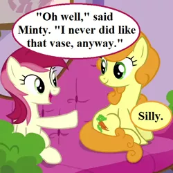 Size: 576x576 | Tagged: safe, derpibooru import, edit, edited screencap, screencap, carrot top, golden harvest, roseluck, pony, applejack's "day" off, cropped, cute, cutie top, dialogue, female, implied minty, mare, noodle incident, oh minty minty minty, ponyville spa, rosabetes, speech bubble