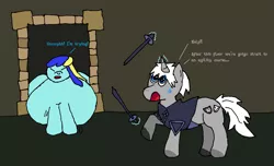 Size: 1617x981 | Tagged: safe, artist:ponycharade, derpibooru import, oc, oc:charade, oc:jester bells, unofficial characters only, unicorn, armor, dungeon, eyes closed, fat, horn, meta, misspelling, morbidly obese, obese, runescape, stuck, sword, unicorn oc, weapon