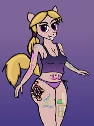 Size: 2189x2921 | Tagged: safe, artist:nastipone, derpibooru import, oc, oc:finley fortunelle, anthro, belly button, blonde, breasts, cleavage, female, gradient background, midriff, parent:twilight sparkle, solo, tattoo