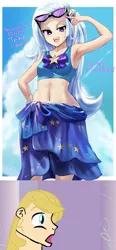 Size: 798x1719 | Tagged: anime, armpits, aroused, artist:chigusa, belly button, bikini, bluetrix, clothes, derpibooru import, dialogue, edit, female, hand on hip, human, humanized, male, midriff, open mouth, prince blueblood, safe, sarong, shipping, smiling, straight, sunglasses, swimsuit, trixie