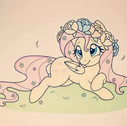 Size: 1080x1077 | Tagged: safe, artist:videogamecomicsyeet, derpibooru import, fluttershy, pegasus, pony, cute, eyelashes, female, floral head wreath, flower, lying down, mare, prone, shyabetes, smiling, solo