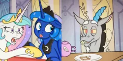Size: 2160x1078 | Tagged: safe, artist:videogamecomicsyeet, derpibooru import, discord, princess celestia, princess luna, alicorn, draconequus, pony, angry, discord being discord, female, hoof shoes, jewelry, male, mare, meme, peytral, plate, teapot, teary eyes, tiara, trollcord, woman yelling at a cat