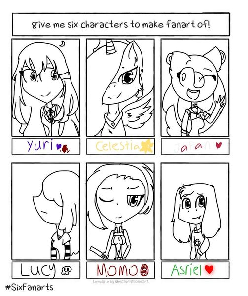 Size: 1080x1289 | Tagged: safe, artist:toxic._.rinren, derpibooru import, princess celestia, alicorn, anthro, goat, human, pony, six fanarts, anthro with ponies, asriel dreemurr, countryhumans, crossover, doki doki literature club, female, hair over one eye, japan, lesbian, lineart, lucy loud, male, mare, momo yaoyorozu, my hero academia, one eye closed, peace sign, smiling, the loud house, undertale, wink