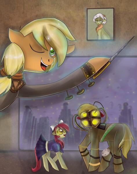 Size: 1789x2267 | Tagged: safe, artist:ladymonotone, derpibooru import, apple bloom, applejack, big macintosh, granny smith, big daddy, big sister, bioshock, little sister, rapture