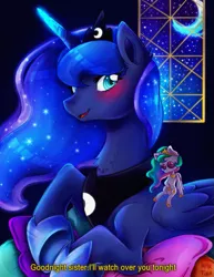 Size: 917x1185 | Tagged: safe, artist:meqiopeach, derpibooru import, princess celestia, princess luna, alicorn, pony, art, blushing, bust, commission, cute, drawing, dream, female, glowing horn, glowing mane, horn, indoors, lunabetes, magic, mare, moon, moonlight, night, night sky, plushie, quote, shading, shadow, sky, solo, sparkles, toy, ych example, ych result, your character here