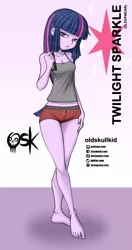 Size: 984x1860 | Tagged: safe, artist:oldskullkid, derpibooru import, twilight sparkle, equestria girls, barefoot, breasts, cleavage, clothes, feet, female, legs, looking at you, pajamas, sleeveless, solo