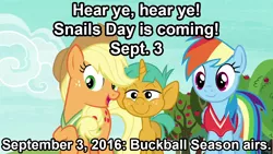 Size: 1280x720 | Tagged: safe, derpibooru import, edit, edited screencap, screencap, applejack, rainbow dash, snails, pony, 2 4 6 greaaat, buckball season, bucket, caption, female, group, image macro, male, meme, propaganda, snails day, text