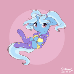 Size: 1200x1200 | Tagged: safe, artist:symbianl, derpibooru import, trixie, pony, unicorn, alternate hairstyle, animated, babysitter trixie, clothes, cute, diatrixes, female, filly, filly trixie, floating, gameloft, gameloft interpretation, gif, hoodie, looking at you, pigtails, pink background, simple background, socks, solo, younger