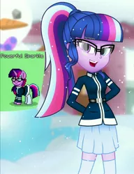 Size: 2732x3566 | Tagged: safe, artist:aryatheeditor, derpibooru import, sci-twi, twilight sparkle, pony, unicorn, pony town, equestria girls, belt, boots, clothes, coat, digital art, female, glasses, heterochromia, horn, human and pony, looking at you, outfit, photo, powerful sparkle, relaxed, shoes, smiling, smiling at you, solo, thigh boots, thighs, winter, winter outfit
