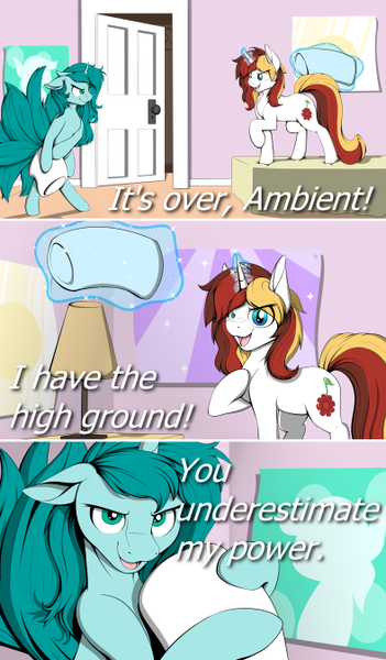 Size: 394x673 | Tagged: safe, artist:notetaker, derpibooru import, oc, oc:ambient waves, oc:scarlet serenade, unofficial characters only, pony, unicorn, bed, comic, commission, duo, female, full body, magic, mare, meme, pillow, pillow fight, star wars