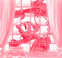Size: 640x600 | Tagged: safe, artist:ficficponyfic, derpibooru import, part of a set, oc, oc:emilia, gryphon, cyoa:madness in mournthread, broken, climbing, clothes, curtains, cyoa, desk, dress, monochrome, one eye closed, one eyed, pot, puppet, story included, window
