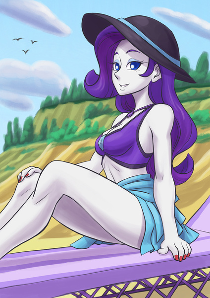 Size: 1240x1754 | Tagged: safe, artist:brother-tico, derpibooru import, rarity, equestria girls, equestria girls series, forgotten friendship, beach, beach babe, bedroom eyes, bikini, bikini babe, breasts, cleavage, clothes, female, hat, legs, lidded eyes, looking at you, sarong, schrödinger's pantsu, solo, sun hat, swimsuit, thighs