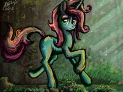 Size: 680x512 | Tagged: safe, artist:dreamyskies, derpibooru import, oc, unicorn, abstract background, looking at you, rough sketch, scenery, signature, unknown pony, walking away