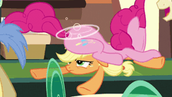 Size: 640x360 | Tagged: safe, derpibooru import, screencap, applejack, pinkie pie, winter wisp, earth pony, pony, games ponies play, animated, annoyed, asshat, balloonbutt, butt, cropped, faceplant, female, mare, offscreen character, plot, train