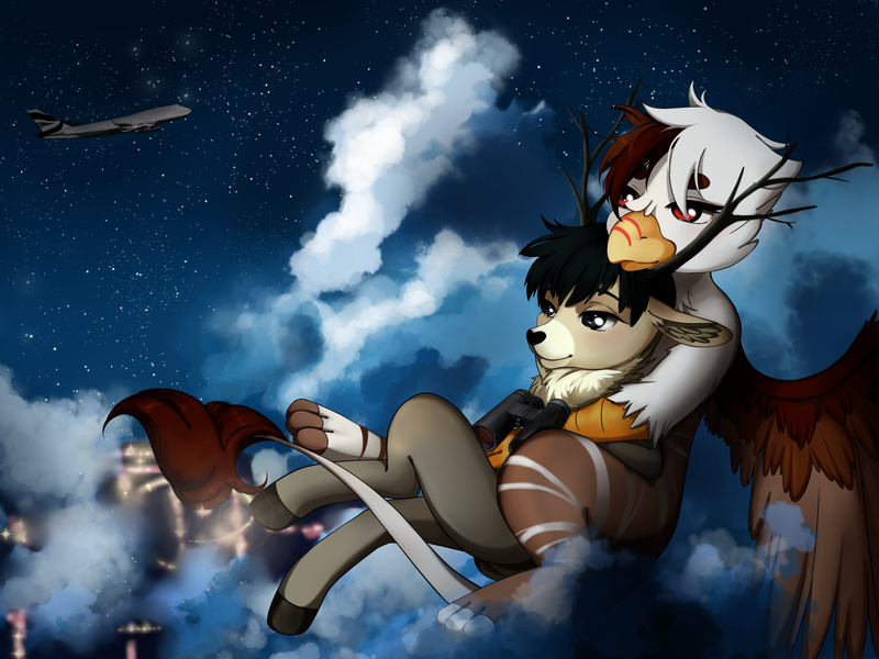 Size: 2000x1500 | Tagged: safe, artist:mlp-hugfactory, derpibooru import, oc, oc:vermilion brightwing, deer, gryphon, boeing 747, cloud, night, plane, stars