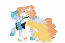 Size: 1280x854 | Tagged: safe, artist:itstechtock, derpibooru import, oc, oc:calliope, oc:downburst, unofficial characters only, changepony, hybrid, pegasus, pony, clothes, dress, female, hug, mare, simple background, two toned wings, white background, winghug, wings