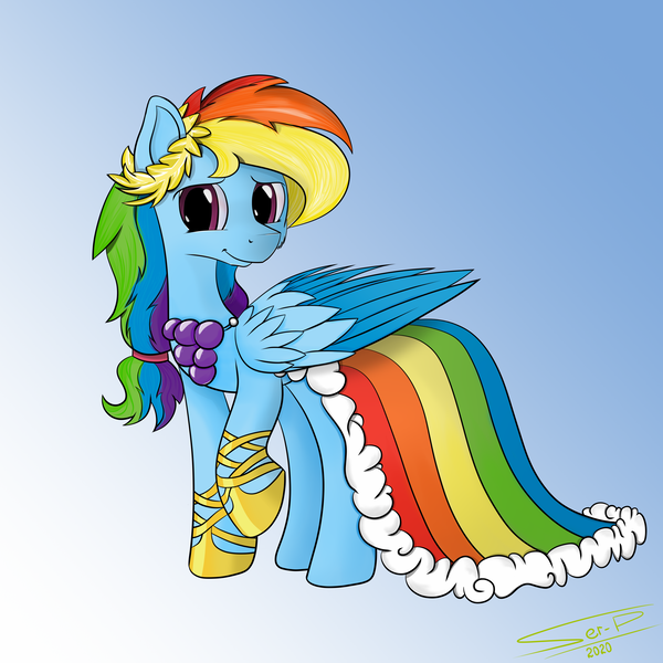 Size: 4000x4000 | Tagged: safe, artist:ser-p, derpibooru import, rainbow dash, pegasus, pony, absurd resolution, alternate hairstyle, clothes, cute, dashabetes, dress, female, gala dress, hoof shoes, mare, raised hoof, smiling, solo, two toned wings, wings