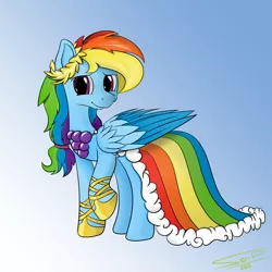 Size: 4000x4000 | Tagged: safe, artist:ser-p, derpibooru import, rainbow dash, pegasus, pony, absurd resolution, alternate hairstyle, clothes, cute, dashabetes, dress, female, gala dress, hoof shoes, mare, raised hoof, smiling, solo, two toned wings, wings