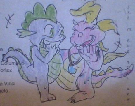 Size: 462x364 | Tagged: safe, artist:skatergirl747, derpibooru import, spike, dragon, baby, baby dragon, cassie (dragontales), conjoined, crossover, dragoness, dragon tales, female, male, traditional art, wat, wingless spike