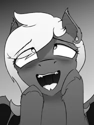 Size: 3000x4000 | Tagged: suggestive, artist:toanderic, derpibooru import, oc, unofficial characters only, bat pony, pony, ahegao, bat pony oc, bat wings, black and white, blushing, fangs, female, grayscale, manga, mare, monochrome, open mouth, solo, tongue out, unshorn fetlocks, wings