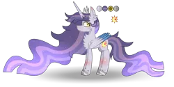 Size: 3144x1576 | Tagged: safe, artist:arctusthegoddess, derpibooru import, princess celestia, twilight sparkle, oc, unofficial characters only, alicorn, pony, acessories, crown, ethereal mane, ethereal tail, female, fluffy, fusion, gradient, jewelry, lesbian, long hair, reference sheet, regalia, shipping, simple background, solo, sparkles, transparent background, twilestia, weird ship