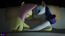 Size: 3840x2160 | Tagged: suggestive, artist:shadowboltsfm, derpibooru import, fluttershy, rarity, anthro, human, pegasus, plantigrade anthro, pony, unicorn, 3d, 4k, cuddling, eyelashes, eyes closed, female, flarity, hug, humanized, lesbian, nudity, sfm pony, shipping, sleeping, smiling, source filmmaker