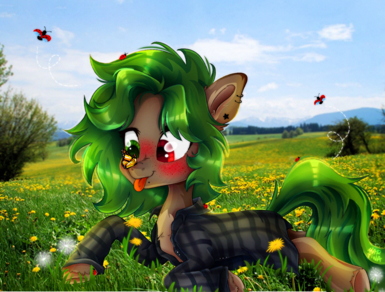 Size: 1450x1100 | Tagged: safe, artist:meqiopeach, derpibooru import, oc, oc:ame, unofficial characters only, earth pony, insect, ladybug, pony, art, birthday gift, blushing, clothes, commission, digital art, drawing, earth pony oc, full body, grass, happy, heterochromia, lying down, nature, photo, realistic, shirt, sky, solo, tongue out, ych example, ych result, your character here