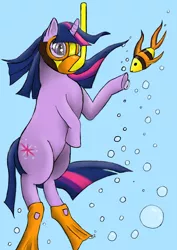 Size: 1654x2339 | Tagged: safe, anonymous artist, derpibooru import, twilight sparkle, fish, pony, unicorn, /mlp/, 4chan, bubble, colored, cute, drawthread, female, flippers, requested art, snorkel, snorkeling, solo, swimming, underwater, unicorn twilight