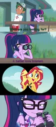 Size: 1280x2880 | Tagged: safe, derpibooru import, edit, edited screencap, screencap, sci-twi, sunset shimmer, timber spruce, twilight sparkle, equestria girls, equestria girls series, unsolved selfie mysteries, bikini, binoculars, cap, caption, clothes, female, geode of empathy, geode of telekinesis, glasses, hat, lesbian, lifeguard timber, magical geodes, male, ponytail, scitwishimmer, shipping, shipping fuel, sunsetsparkle, swimsuit, text, timberbuse