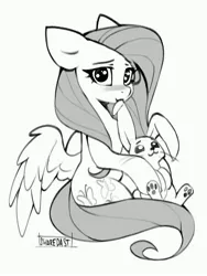 Size: 3084x4096 | Tagged: safe, artist:share dast, derpibooru import, angel bunny, fluttershy, pegasus, pony, rabbit, animal, blushing, cute, female, grayscale, high res, looking at you, male, mare, monochrome, nom, shyabetes, simple background, sitting, solo, white background