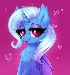 Size: 1563x1679 | Tagged: safe, artist:confetticakez, derpibooru import, trixie, alicorn, bat pony, bat pony alicorn, alicornified, bat ponified, bat wings, bedroom eyes, chest fluff, cute, cute little fangs, diatrixes, ear fluff, eyeshadow, fangs, female, heart, horn, looking at you, makeup, pink background, race swap, red eyes, simple background, solo, tongue out, trixiebat, trixiecorn, wings