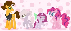 Size: 1212x536 | Tagged: safe, artist:bittersweethare, artist:selenaede, derpibooru import, cheese sandwich, pinkie pie, oc, oc:little berry, oc:sugar cube, earth pony, pony, unicorn, alternate hairstyle, base used, cheesepie, clothes, female, filly, grin, male, mare, markings, offspring, open mouth, parent:cheese sandwich, parent:pinkie pie, parents:cheesepie, raised hoof, shipping, shirt, smiling, stallion, straight