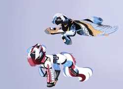 Size: 2200x1600 | Tagged: safe, artist:kookiebeatz, derpibooru import, oc, oc:crypto crush, oc:cyber snipe, unofficial characters only, cyborg, earth pony, pegasus, pony, amputee, artificial wings, augmented, bandana, belt, boots, brother and sister, choker, clothes, commission, cyber-questria, female, freckles, goggles, gun, handgun, headphones, headset, jacket, male, mare, markings, multicolored hair, pistol, prosthetic leg, prosthetic limb, prosthetic wing, prosthetics, shoes, shorts, siblings, spiked choker, stallion, weapon, wings